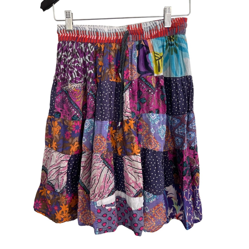 Boho Patchwork Cotton Midi Skirt Multicolor Floral Paisley Tiered India One Size
